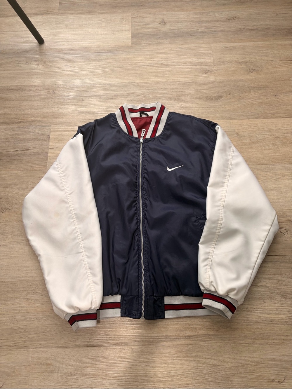 90s Reversible Nike Men's Navy and White Varsity Bomber Jacket
